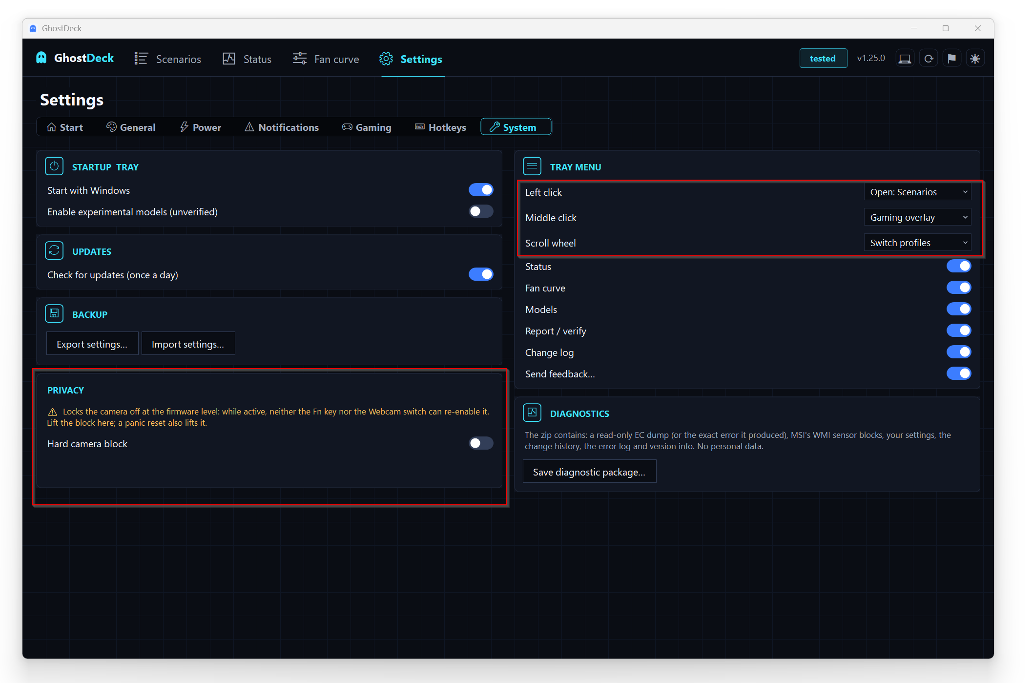 Settings System - tray mouse actions and the camera privacy block