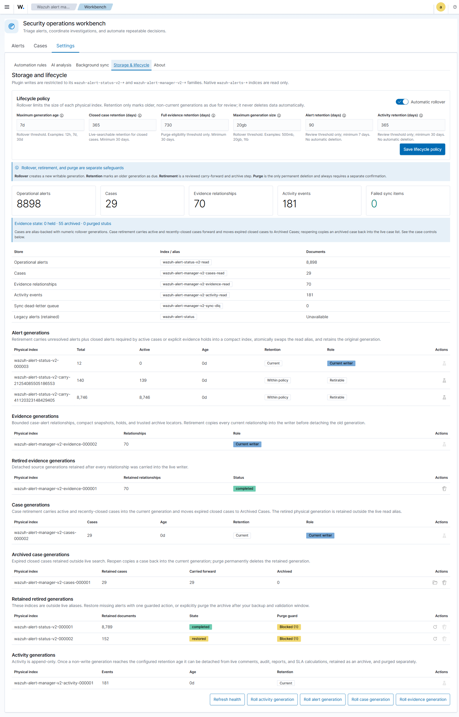 Storage generations, lifecycle policy, rollover, retention, retirement, and restore controls
