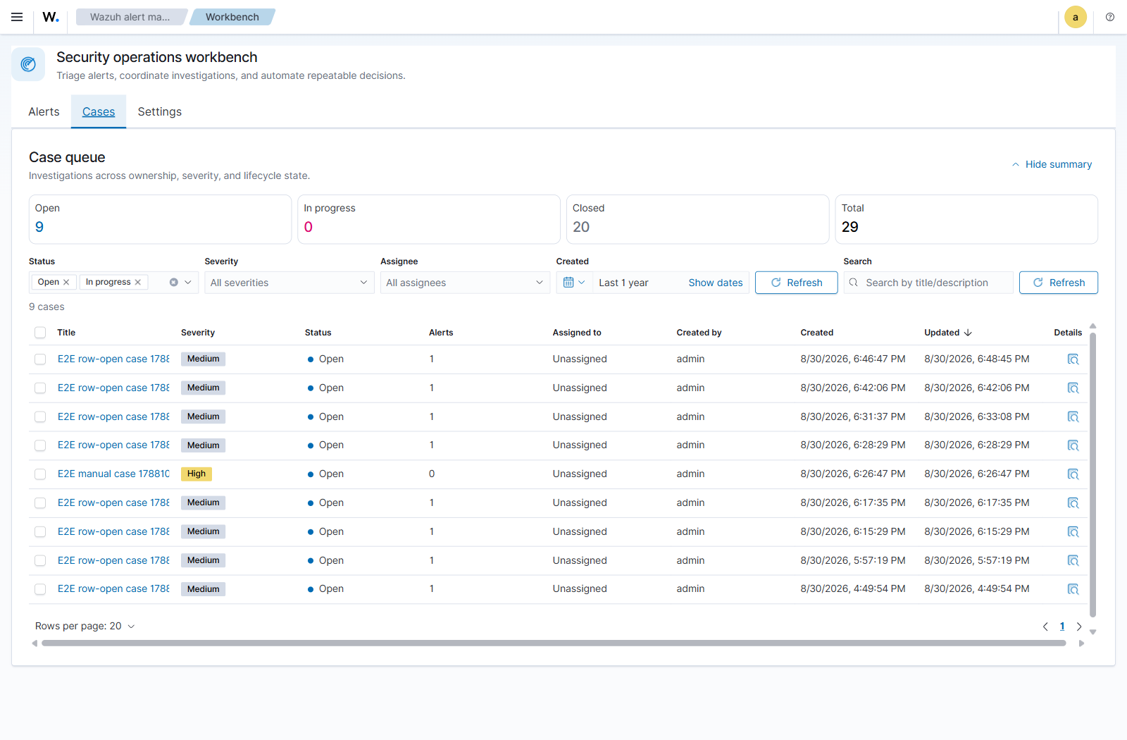 Case queue with collapsible summary, severity, assignee, status, date, and search filters