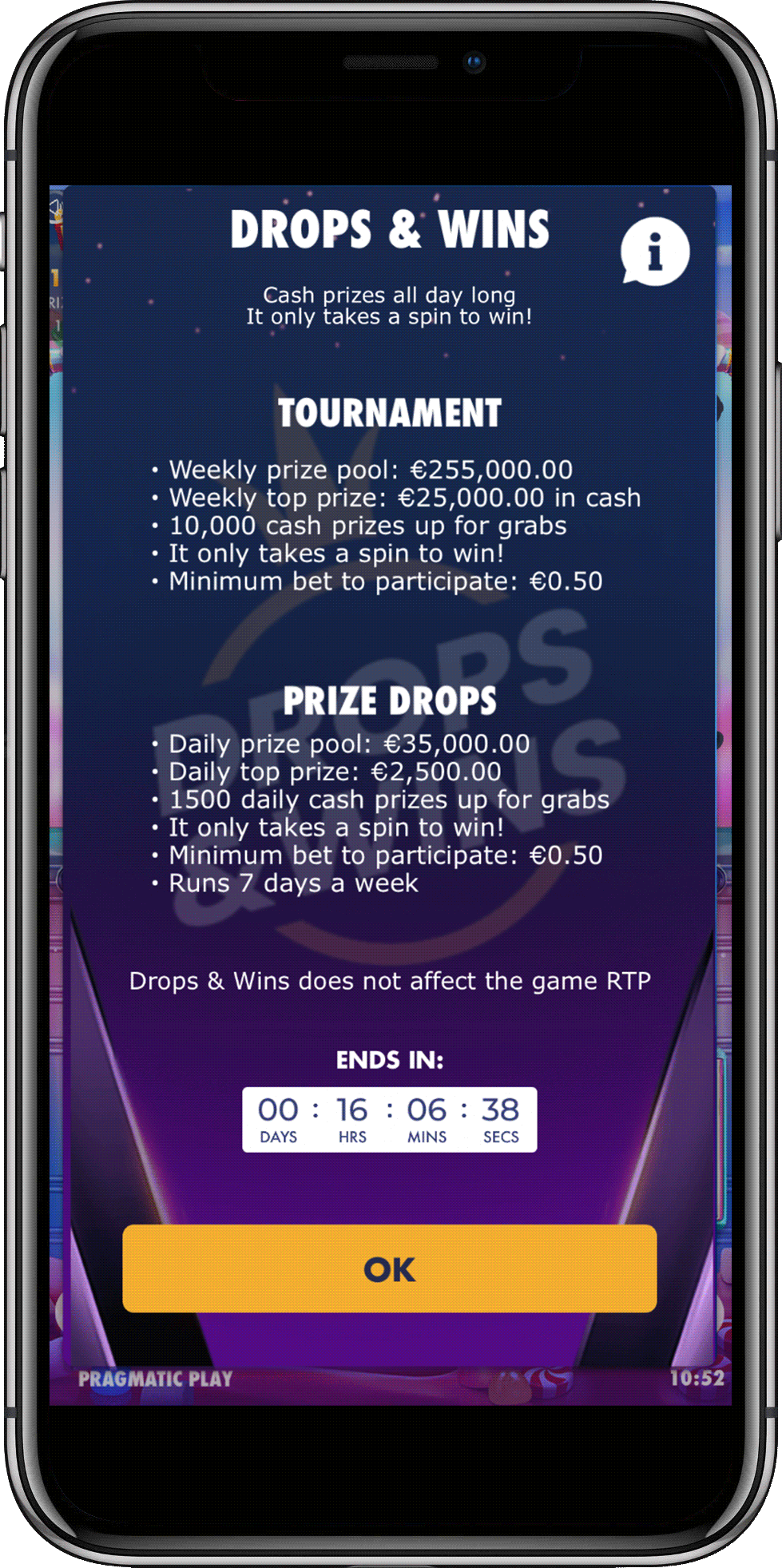 Smartphone displaying Drops & Wins tournament details