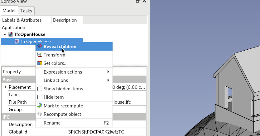A screenshot showing how to expand IFC child objects in FreeCAD