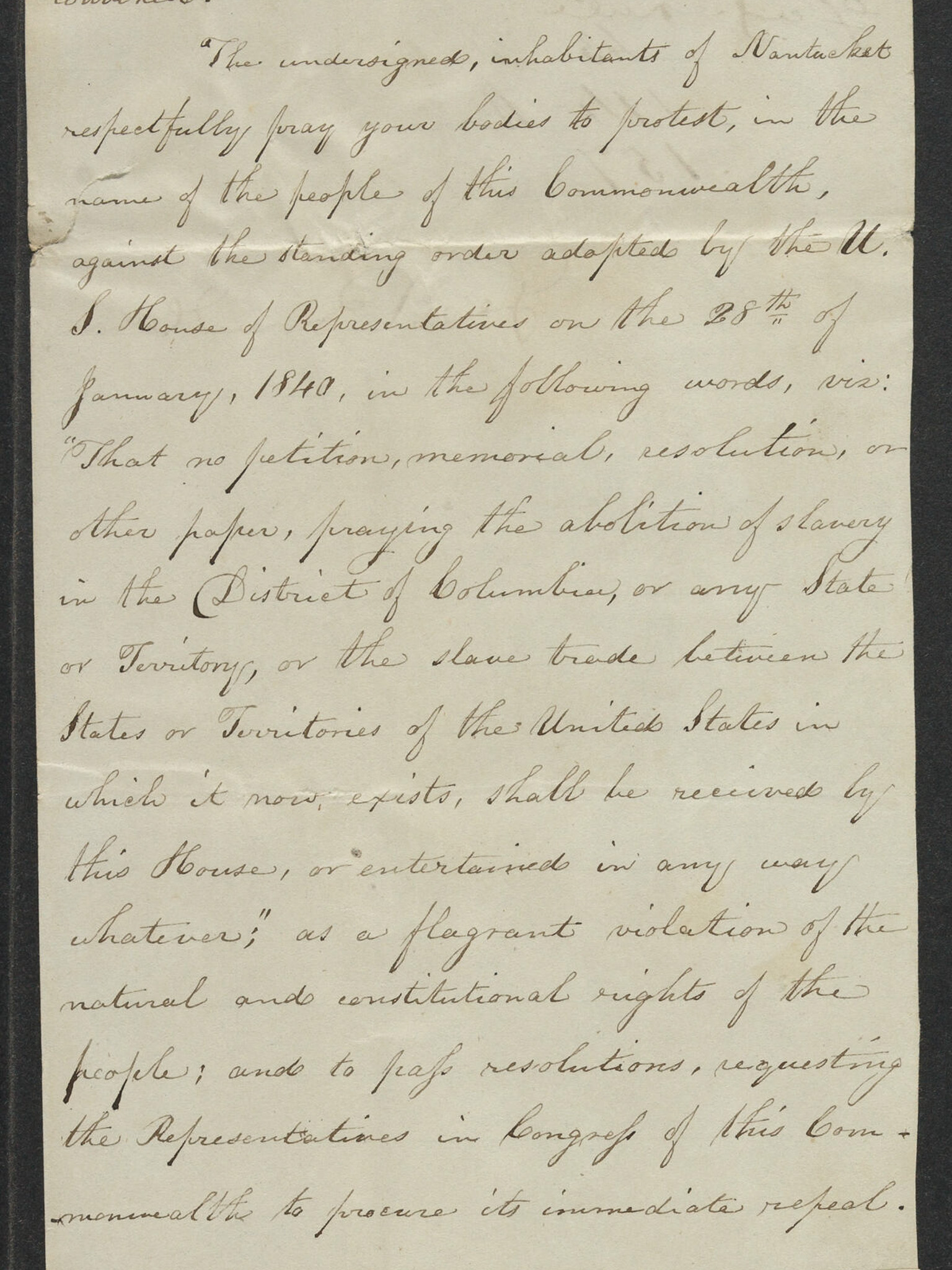 Scan of petition calling for the end of slavery of the District of Columbia, Federal lands 