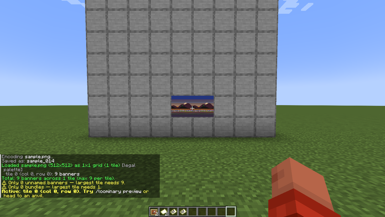 Banner-mode import: the chat shows exactly how many banners a tile needs