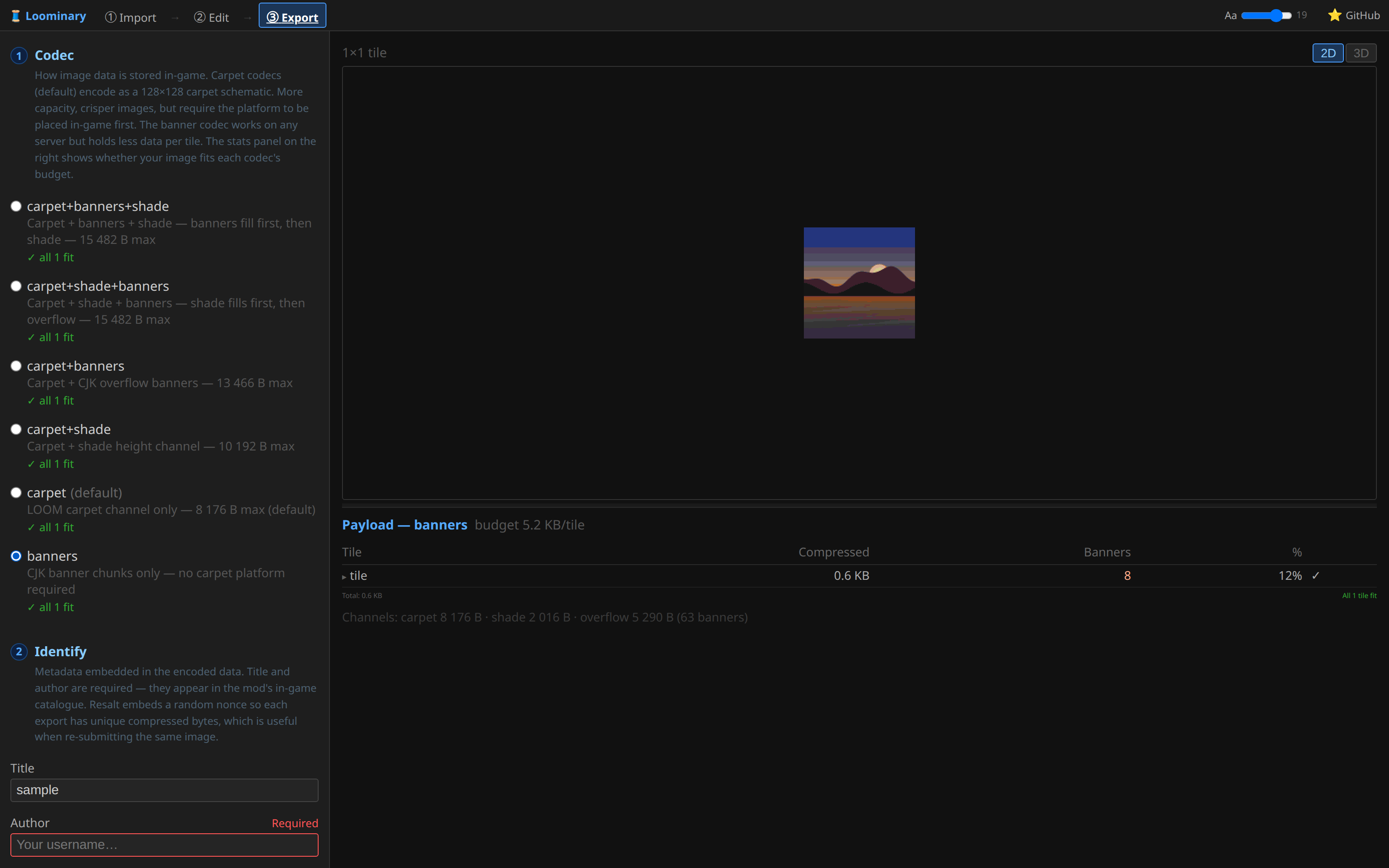 Banner-only codec selected, with its different stats columns