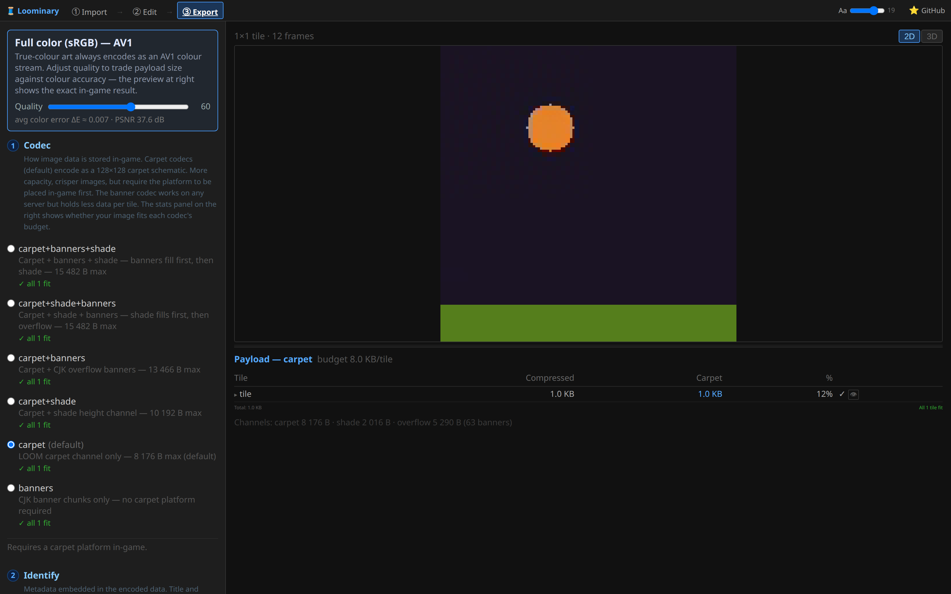 An animated full-color composition on the export page