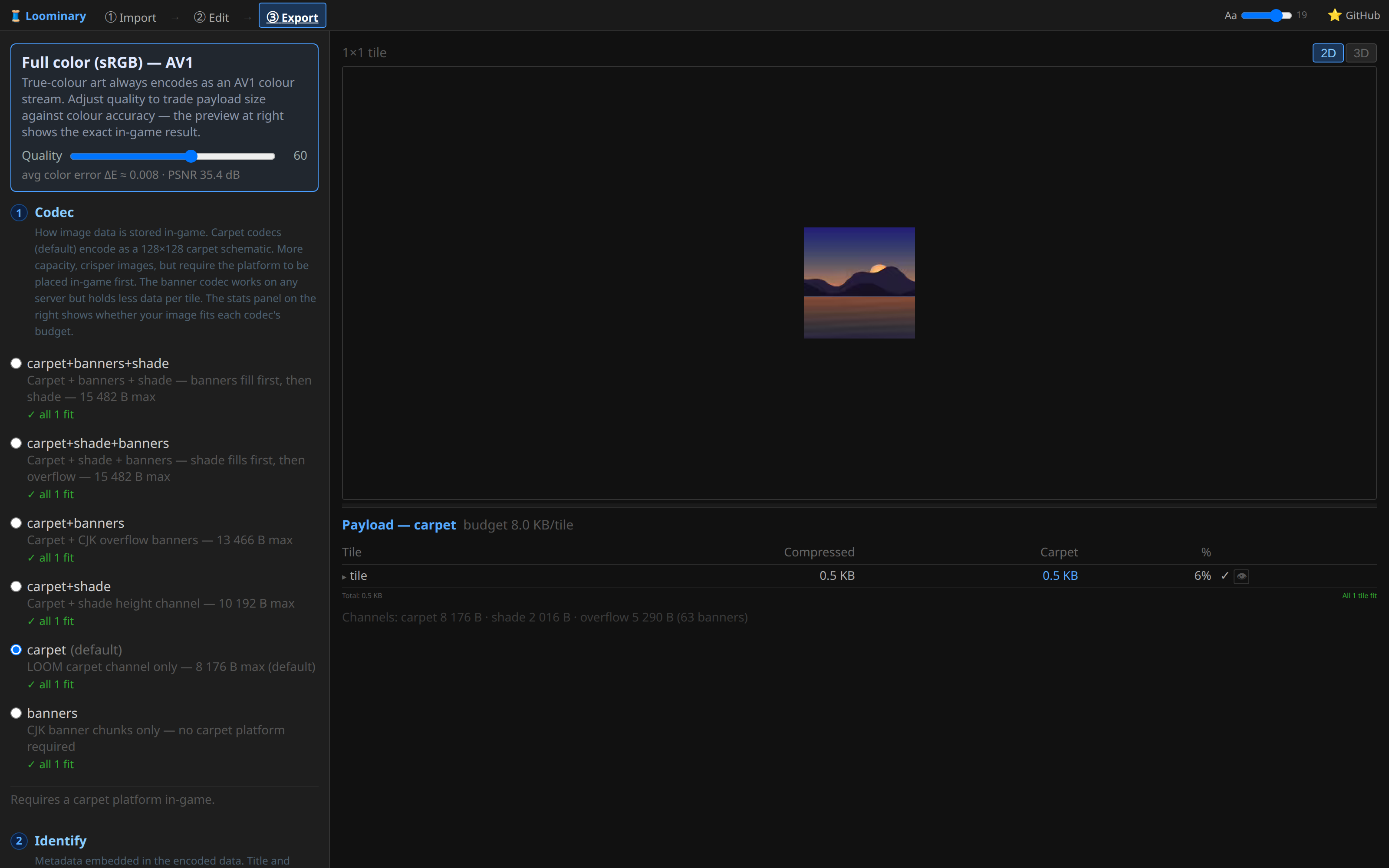The export page in full color mode