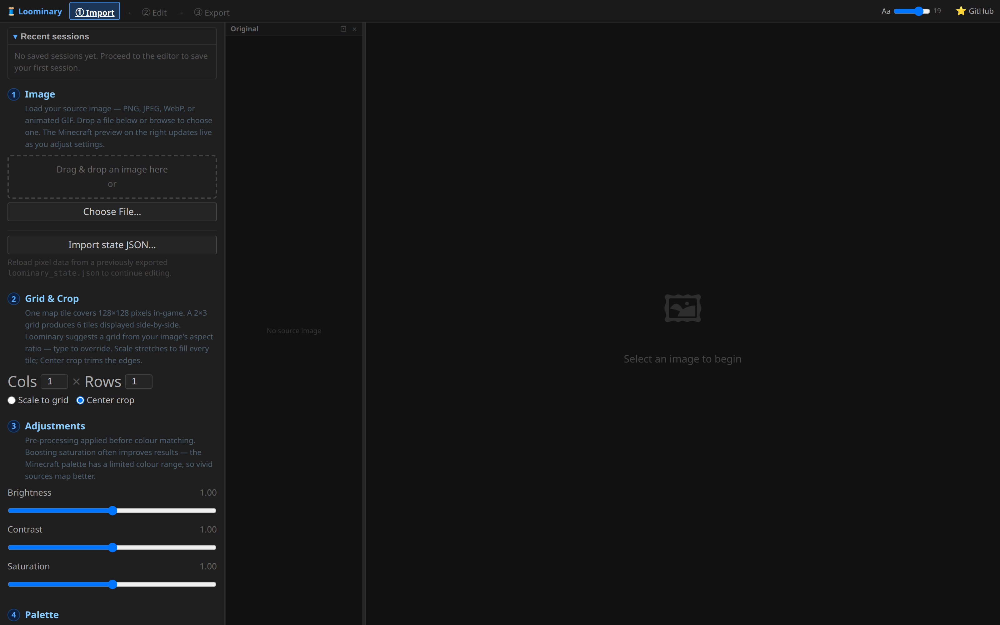 The import page before loading an image