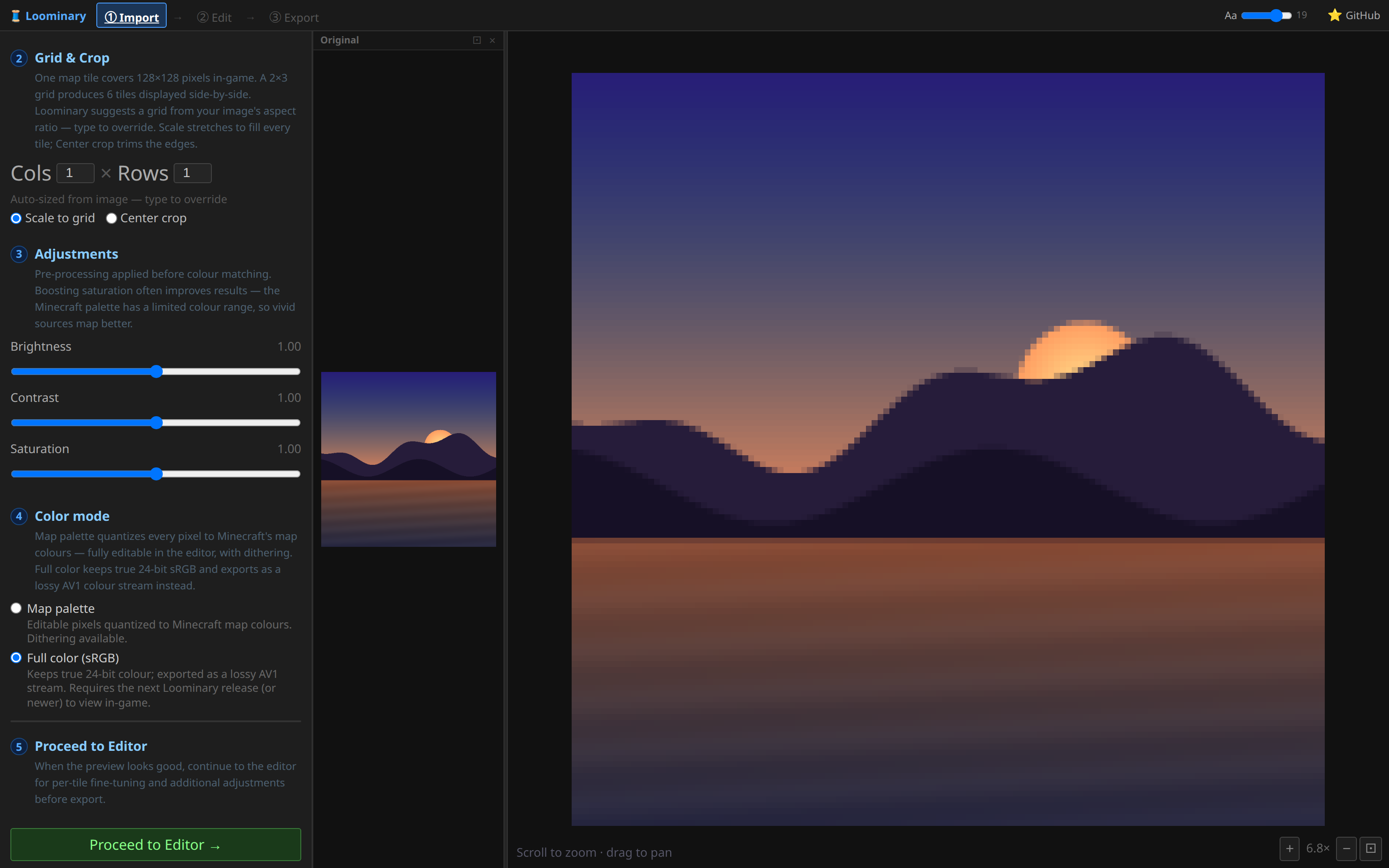 The import page with Full color selected