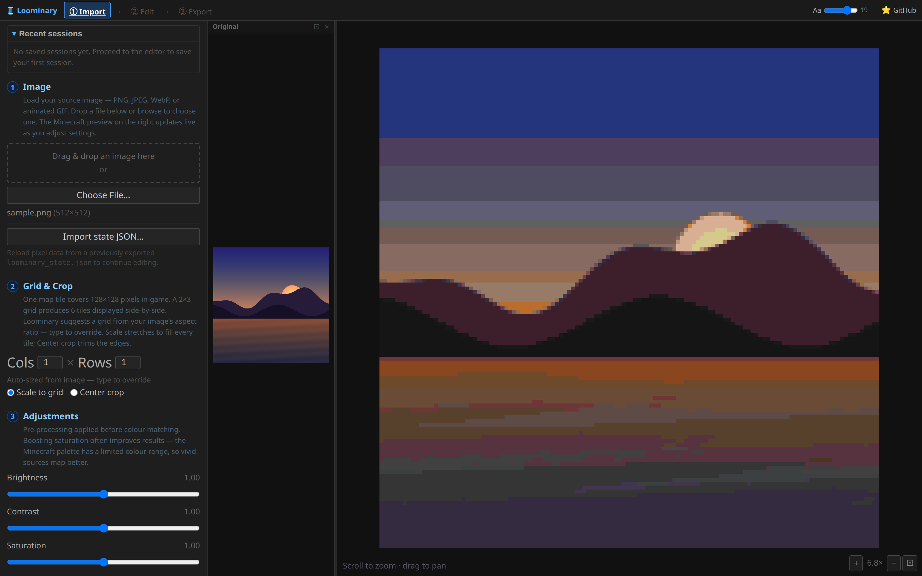 Import step with a live quantized preview