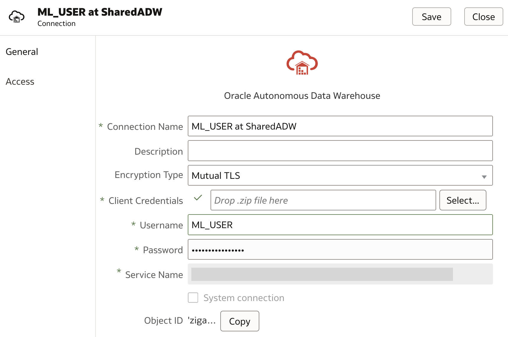 Create connection using database user with OML_Developer role