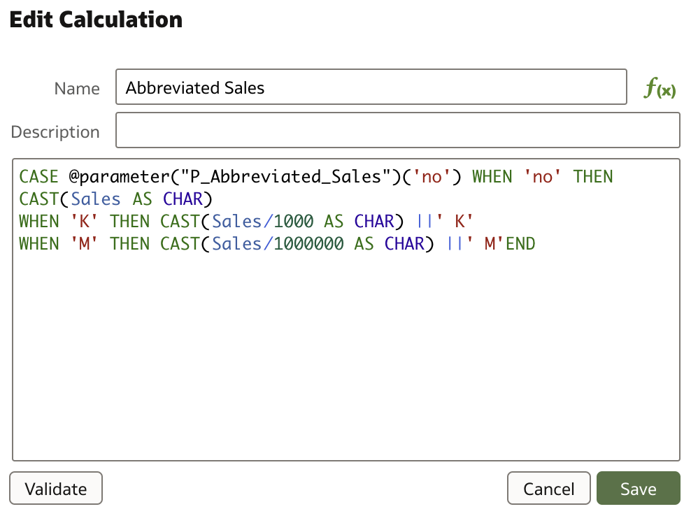 Create a new calculation using parameter