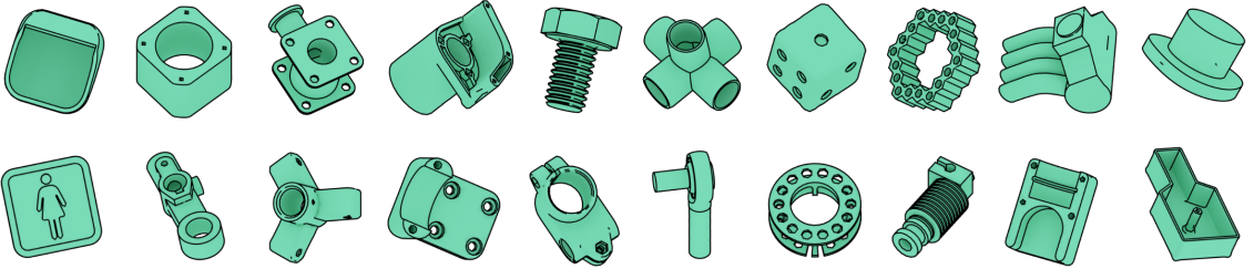 Random examples from the dataset. Most models are mechanical parts with sharp edges and well defined surfaces